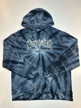Thrasher Magazine Flame Outline Logo Tie Dye Pullover Hoodie Black Grey Skater